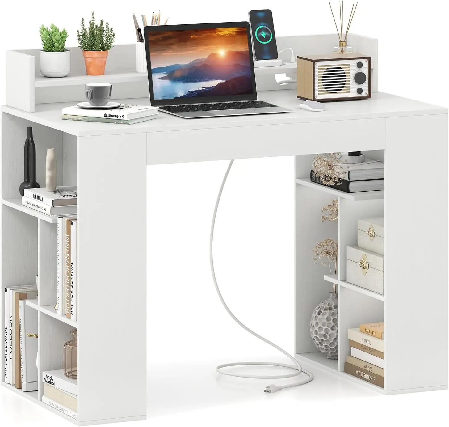 

White Desk with Storage Shelves, 43" Home Office Computer Desk with Charging Station, Dual 3 Tier Bookshelf & Monitor St