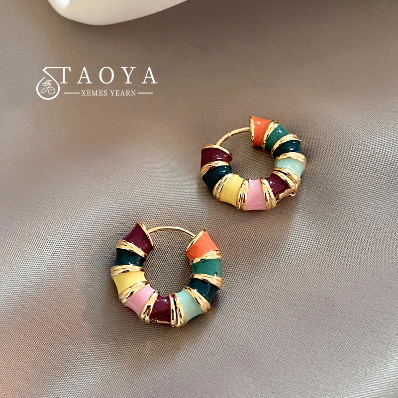 French Romantic Retro Color Enamel Round Gold Color Ear Buckle 2023 New Hoop Earrings For Womens Fashion Jewelry Accessories