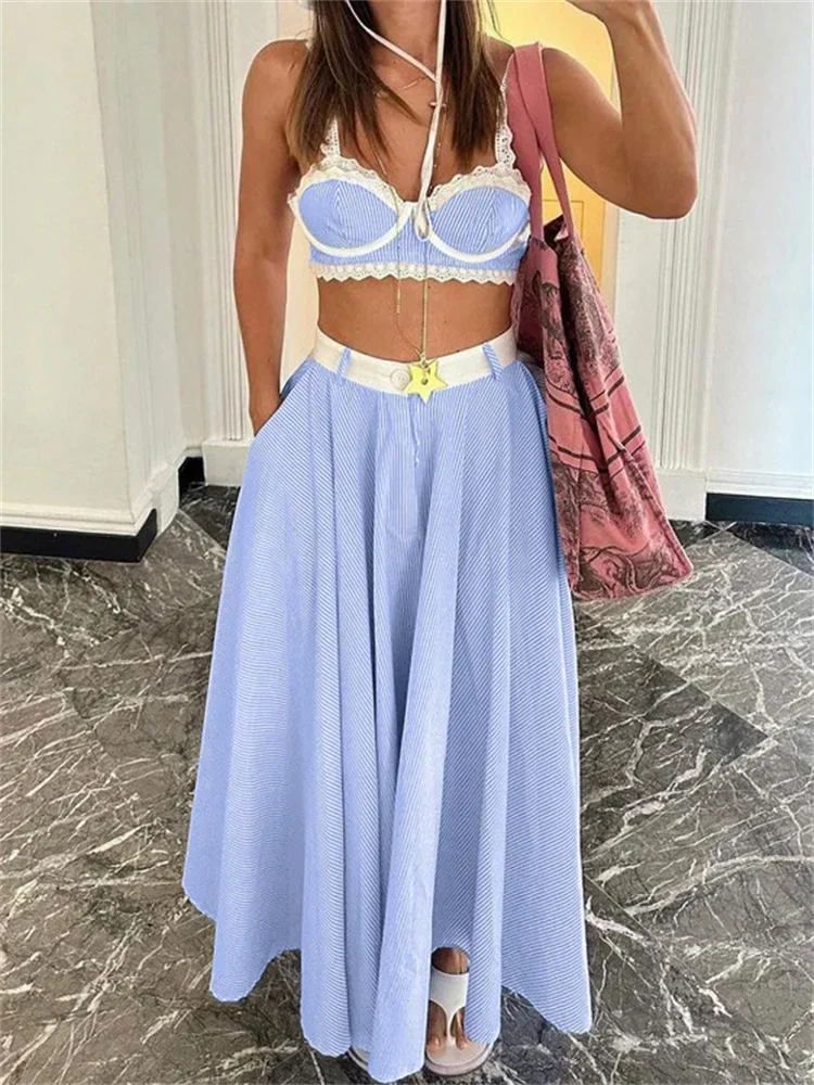 

Lace Patchwork 2 Piece-Set Long Skirt For Women Contrast Slim Backless Cropped Tank Top And High Waist Maxi Skirt Outfits