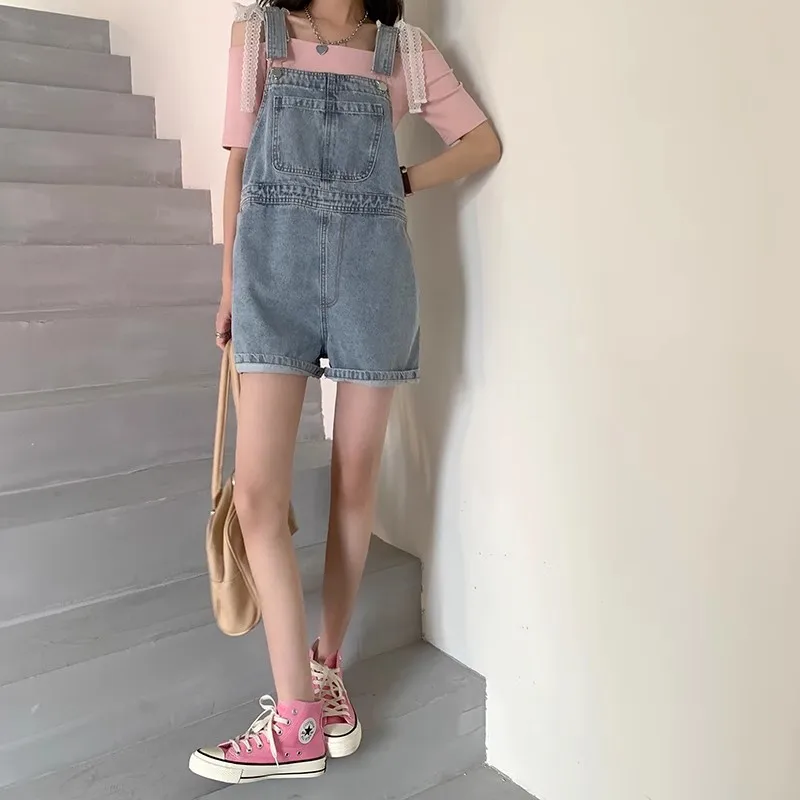 

Летние джинсовые комбинезоны для женщин: свободные брюки с широкими штанинами, омолаживающие шорты, корейские стильные брюки с высокой талией для повседневной носки