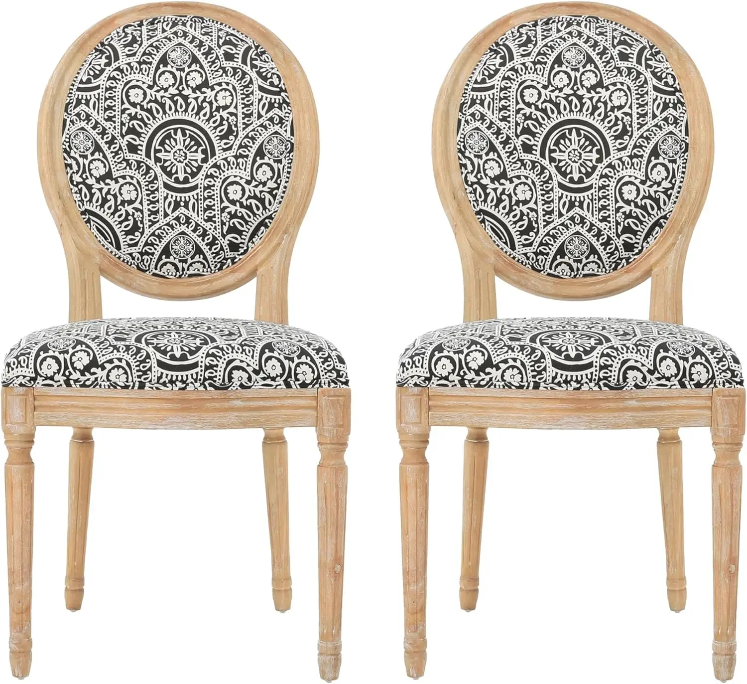 Fabric Dining Chairs 2 PCS Set, Black White Pattern Rubberwood Frame Environmentally Friendly Wood Dining Chairs