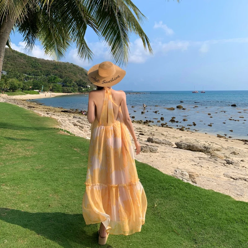 

Printed Backless Dress Women Summer Vacation Beach Loose Halter Dress Korean Harajuku Chic Sexy All Match Long Vestidos New