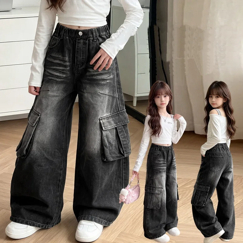 Autumn Wide-leg Cargo Jeans With Pockets for Teen Girls Vintage Casual Denim Pants Child Spring Retro Jeans Trousers Age 4-14Y
