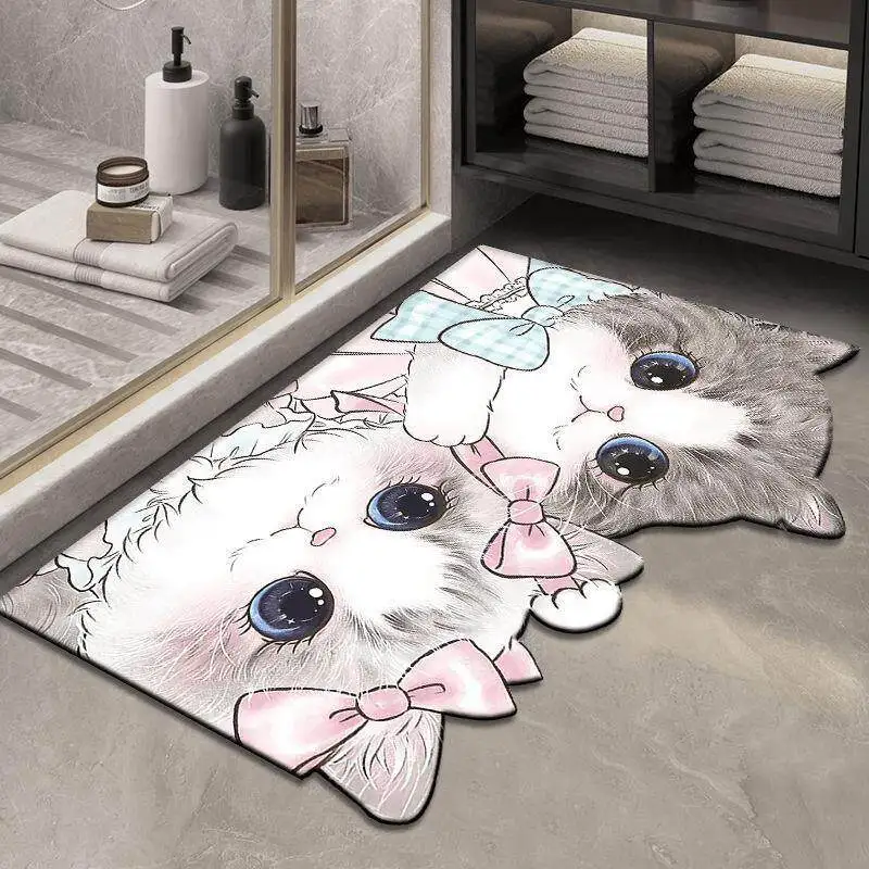 VIKAMA Lovely Bow Kitten Shaped Bath Mat Non Slip Washable Absorbent Floor Rug Cute Cartoon Cat Bedroom Decor Mat