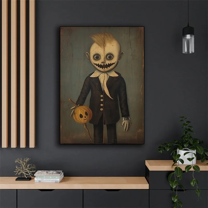 Vintage Gothic Dark Horror Ghost marionetki wrona Halloween plakat i druki druk na płótnie obraz ścienny dla wystrój salonu