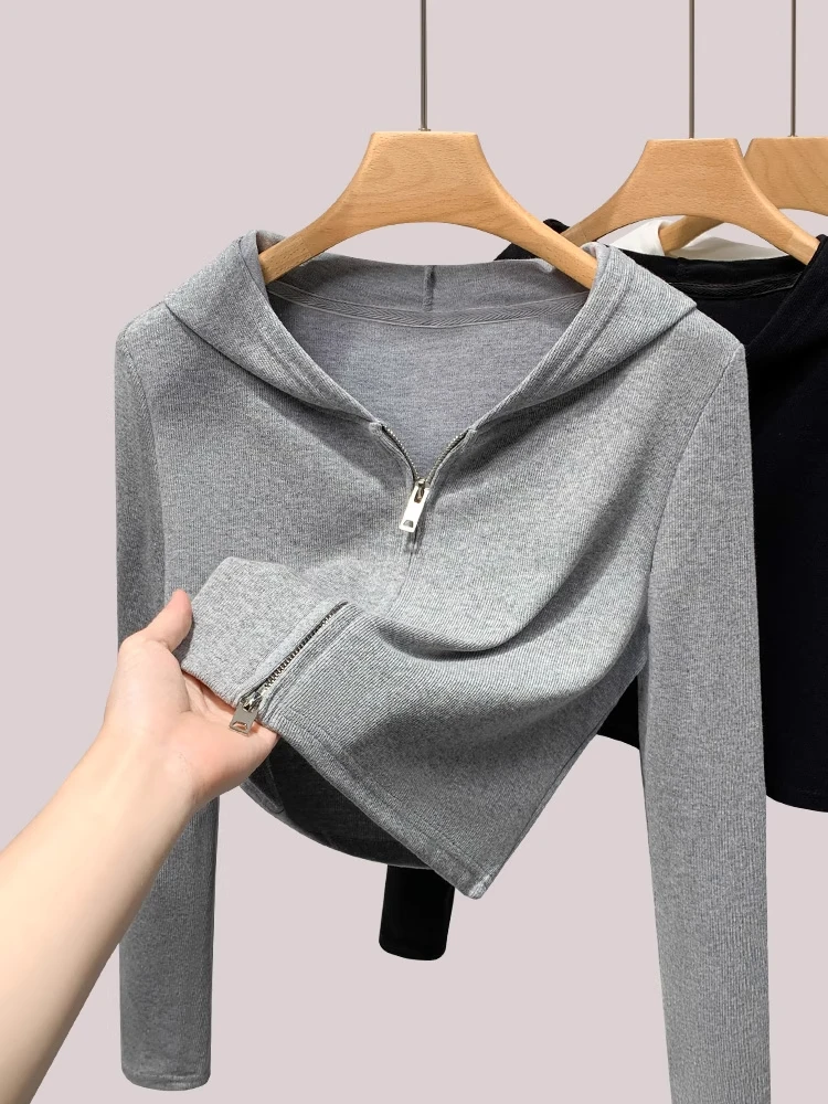 

Серая женская толстовка на молнии, модная приталенная короткая куртка, весна-осень, новинка, повседневный кардиган с капюшоном, топ