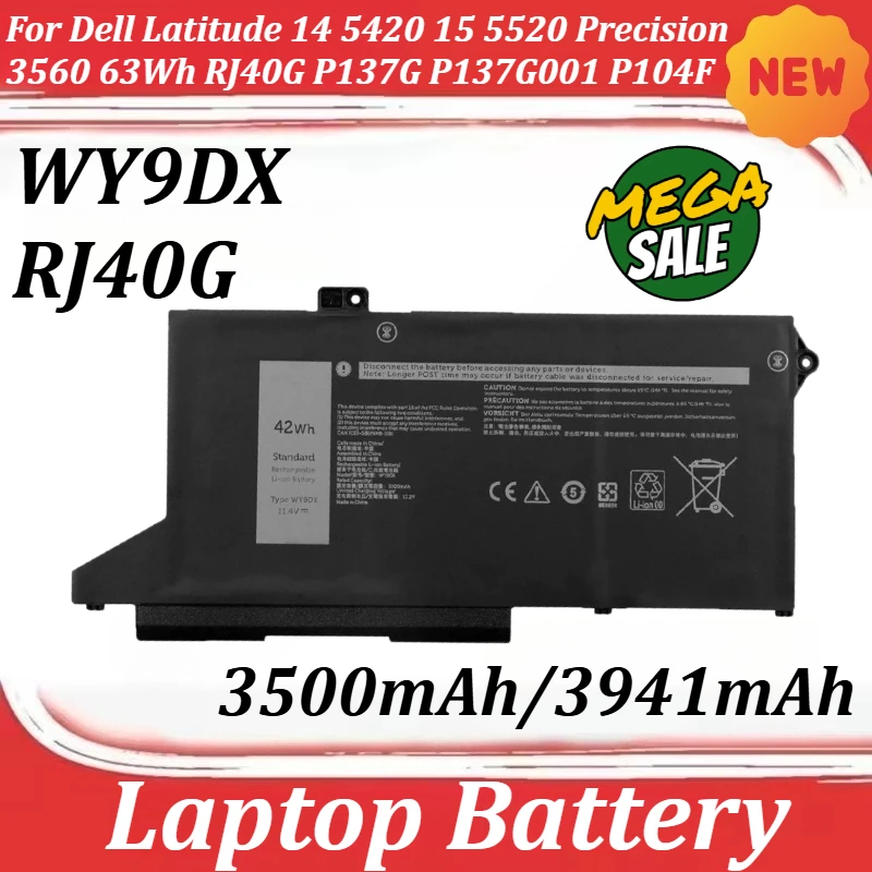 

3500mAh 3941mAh WY9DX RJ40G Laptop Battery for Dell Latitude 14 5420 15 5520 Precision 3560 63Wh RJ40G P137G P137G001 P104F