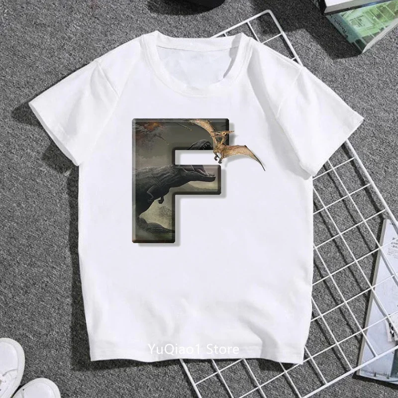 Vintage Dinosaur A-Z 26 Letter Design Kids Boy T-shirt Summer Top Children's Clothes White Casual Tops Custom Name Graphic Tees