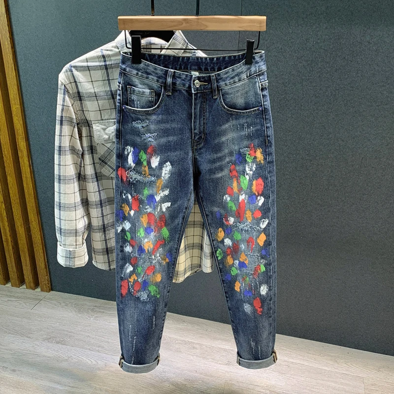 Graffiti Jeans Men Streetwear Fashion Spray-painted Y2K Skinny Jeans Pants Male Elastic Frayed Colored Drawing Denim Trousers