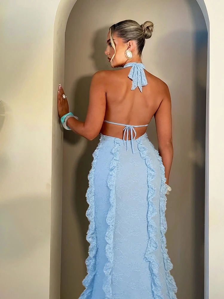 Cutenewลูกไม้Patchwork HalterชุดสตรียอดนิยมHalter VคอRuffleแยกBackless Bodycon Mujerแนวโน้มโรแมนติกVestidos
