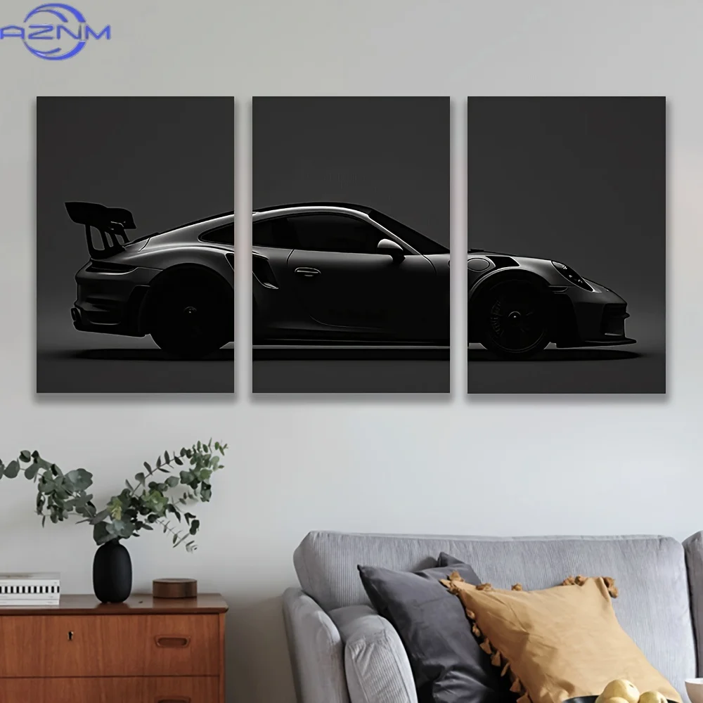 3pcs Canvas Wall Art - Minimalist Monochrome Sports Car Painting, Vertical Trio for Living Room, Office, Garage, for Man Cave -