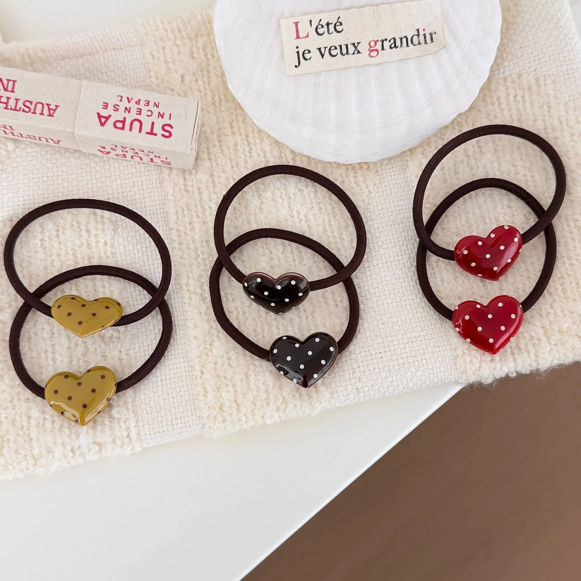 Hair Tie Polka Dot Heart Retro Premium Elastic Comfortable for Thick Hair High Ponytail Women Tangle Free Soft Durable