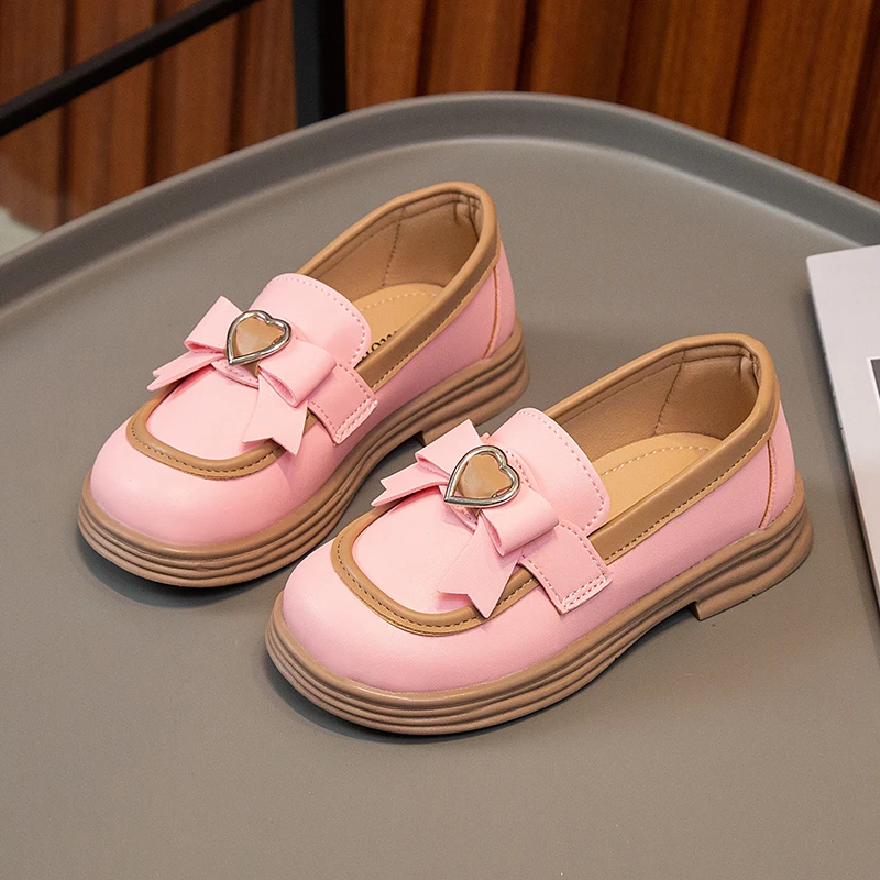 2024 New Girls Loafers Cute Bow Fashion Kids Leather Shoes Slip-on Bow Non-slip Children Casual Shoes Drop Shipping Round-toe