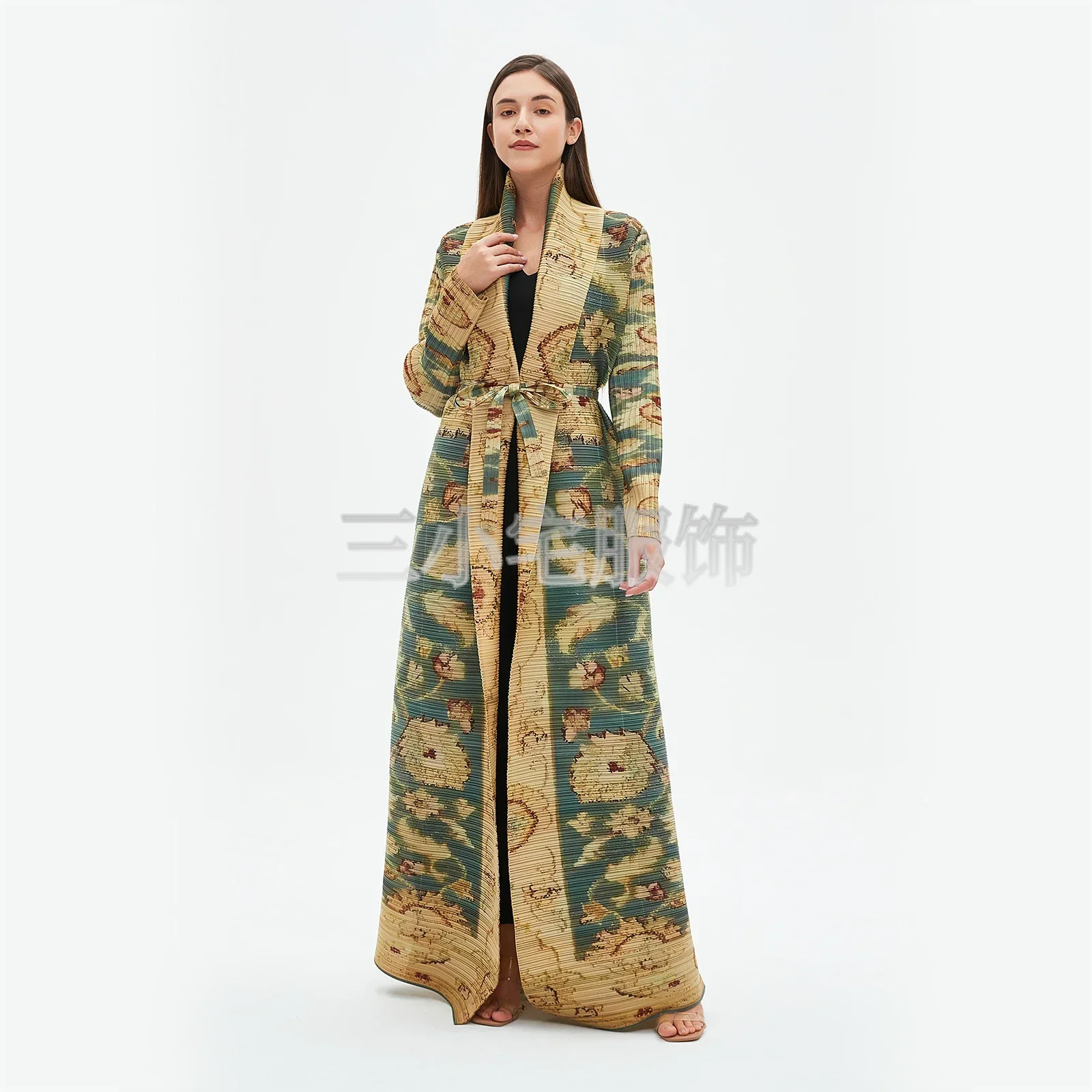 Pleats Robe Long Sleeve Printed Dress Windbreak Women 2024 Winter New Original Designer Abayas Turndown Collar Belted Coats