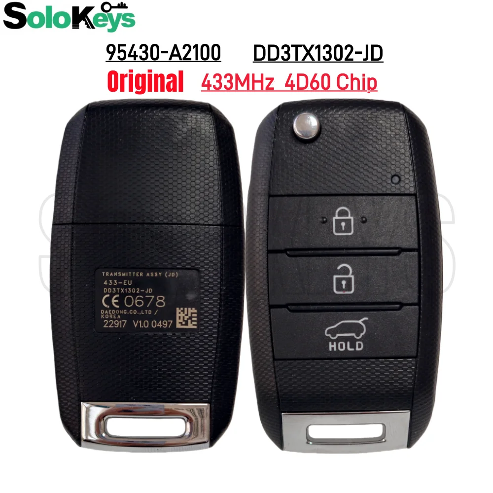 

SOLOKEYS 95430-A2100 DD3TX1302-JD Original Folding Remote Control Key For Kia Ceed 433MHz 4D60 Chip 3 Buttons