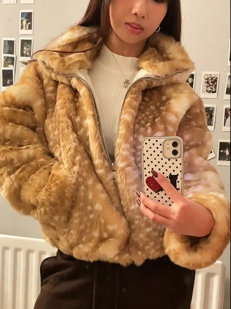 Women Deer Spotted Faux Fur Cropped Jacket Lapel Collar Long Sleeve Loose Fuzzy Short Coat Y2k Vintage Winter Warm Outerwear