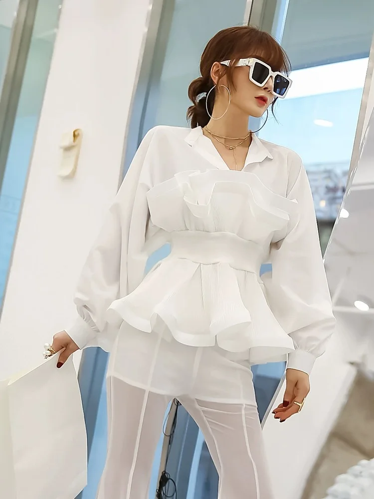 

Slim Waist Ruffles Flounce Shirts Lady V Neck Pleated Stitching Trendy Blouse Charm Tops Party Date Dinner Banquet Wedding Tops