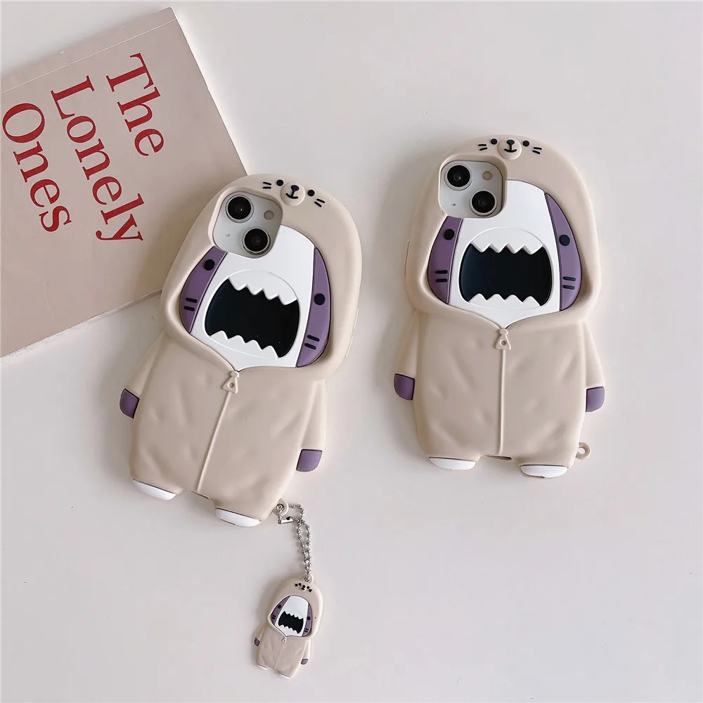 Cute Shark Hoodie Phone Case For iPhone 14 13 12 Pro Max For iPhone 11 Silicone Protective Cover With Pendant