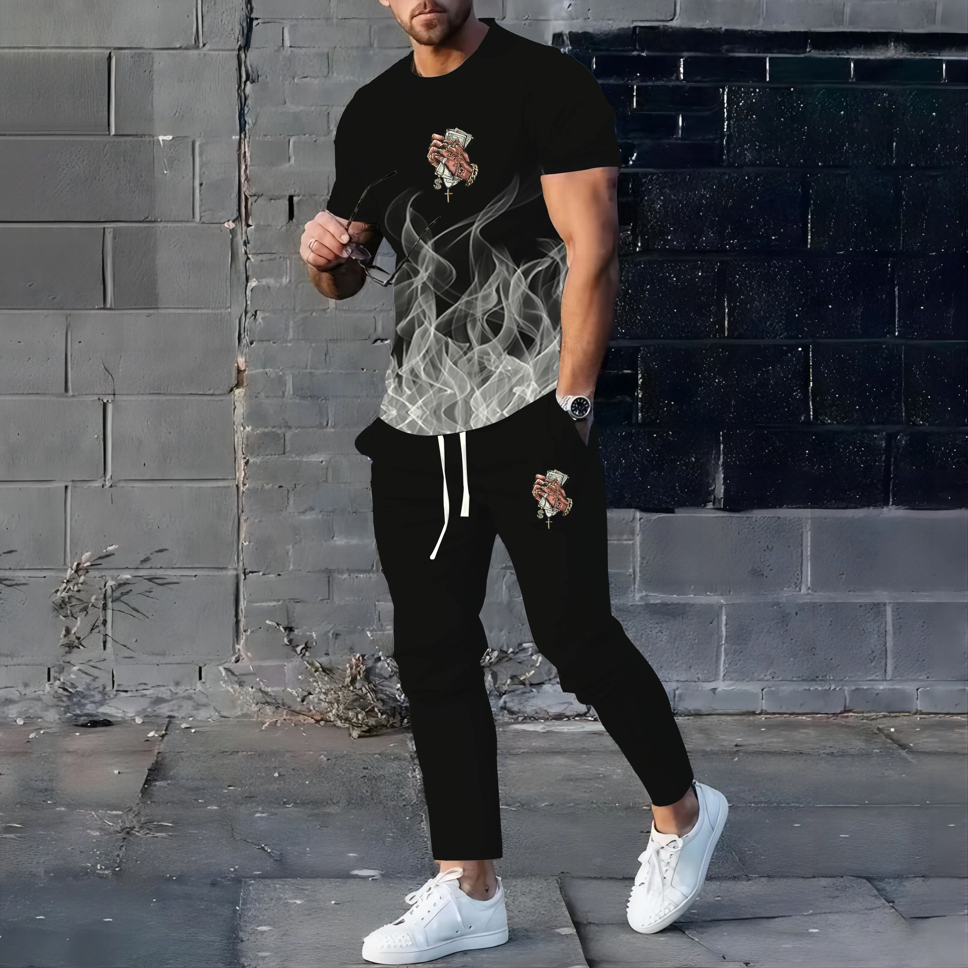 Men\'s sports suit 3D printed short-sleeved T-shirt summer sports trousers two-piece set 2024 hot selling fashion new style