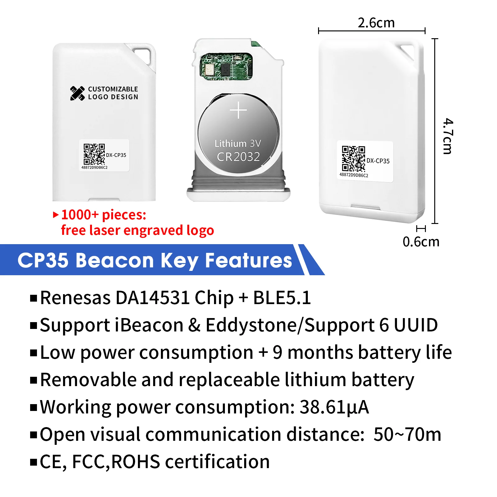 DX-CP35 Replaceable battery Eddystone Mini size iBeacon DA14531 BLE 5.1 Tags Tracker Location Bluetooth Beacon IP67 Waterproof image 2