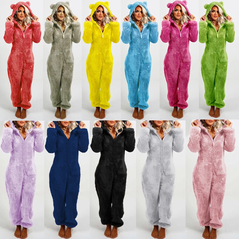 Women Hooded Sleepwear Onesies Fluffy Plush Thermal Warm Hoodies Jumpsuits Rompers Loose Zipper Bodysuits Pajamas Overall 5XL