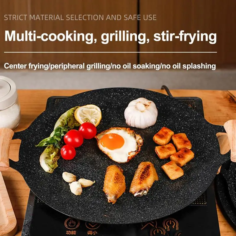 BBQ Grill Pan Non Stick Cast Iron Baking Pan Frying Pan with Wooden Handle Griddle Grill Pan Camping Stove Plate outdoor cooking