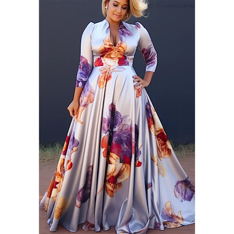 Plus Size Floral Printing Maxi Dresses Elegant Multicolor V Neck 3/4 Sleeve Cotton Long Dress Party Wedding Evening Dress 2024