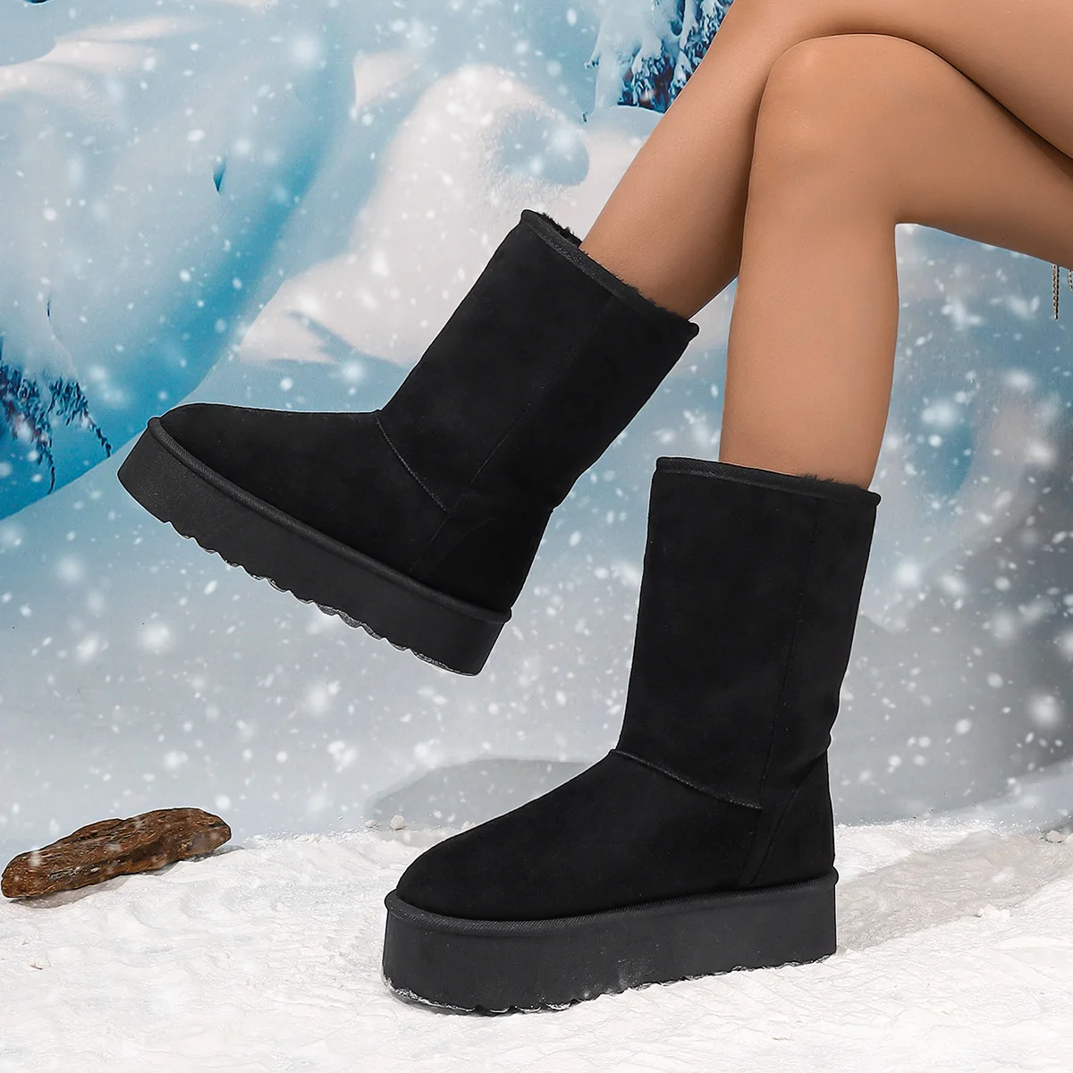Black Snow Boots for Women in Winter Fleece-Lined and Thickeneded Cotton Shoes, Fashionable and Warm Fur All-In-One High Boots