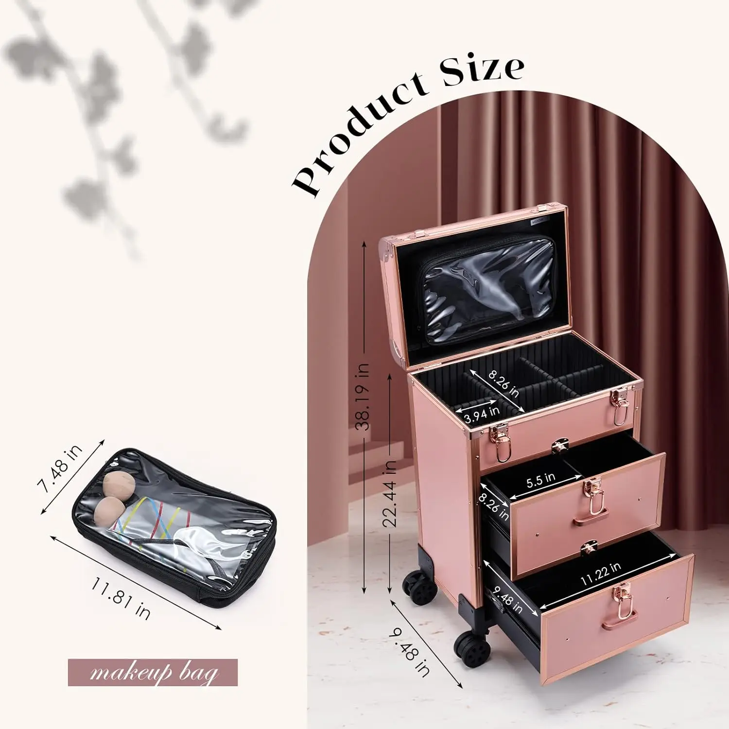 Professional Rolling Makeup Train Case with Drawers Travel Large Cosmetic Trolley with Locks Cosmetics Storage Organizer box