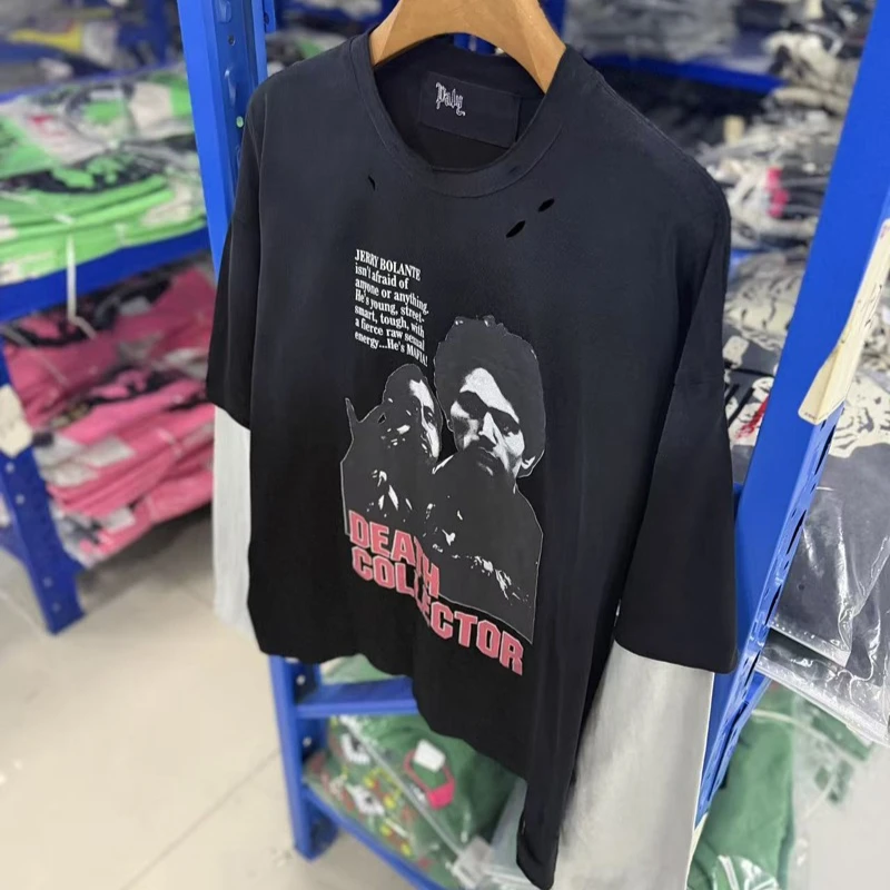 

2026ss Hip Hop Paly Washed Hole T Shirt High Quality Men Women Character Pattern Splicing Sleeves T-Shirt with Tops Tag