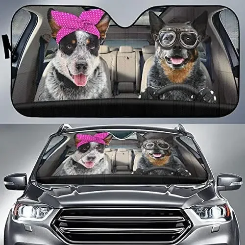 Australian Shepherd driving headband and glasses dog couple car sunshade, car windshield auto sun visor car sunshade