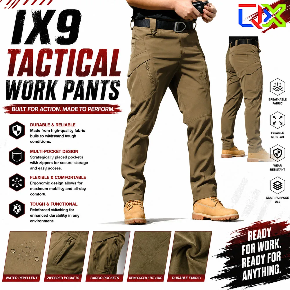 QX IX9 Tactical Work Pants Stretch Waterproof Multi Pocket Outdoor Cargo Pants for Hiking Camping Travel Work All Season