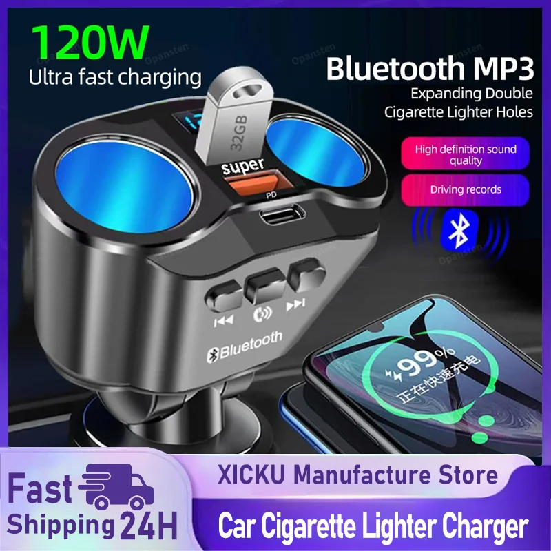 

Автомобильный прикуриватель, разветвитель, зарядное устройство, двойной USB QC 3,0, быстрая зарядка, 12 В, автоматические FM-передатчики, Bluetooth, гнезда для громкой связи