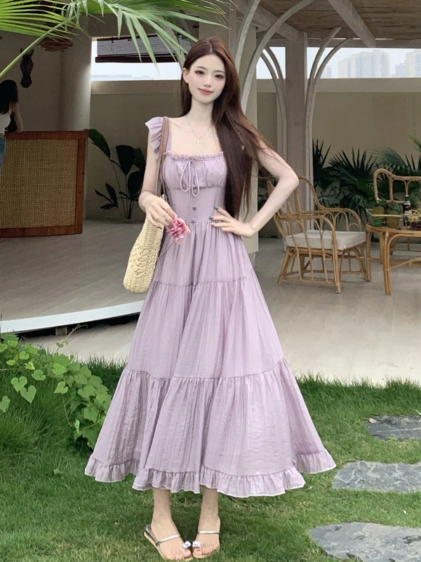 

plus Size Beach Vacation Style Strap Dress Slimming Summer Midi Skirt for Women French Style Loose Fit Gathered Skirt