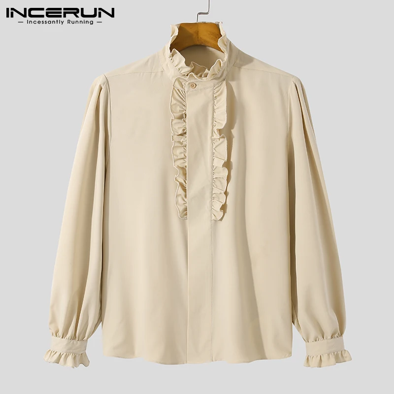 INCERUN 2024 Men Shirt Stand Collar Solid Color Ruffle Long Sleeve Casual Men Clothing Streetwear Elegant Fashion Camisas S-5XL