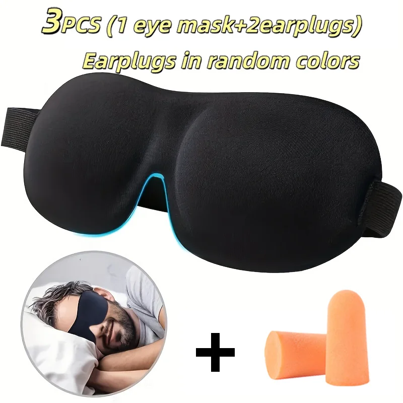 3-Pcs Sleep Set-Lightweight Three-Dimensional Fully Covering Eye Mask Soft Foam Earplug Suitable For Sleep Relax Rest And Travel