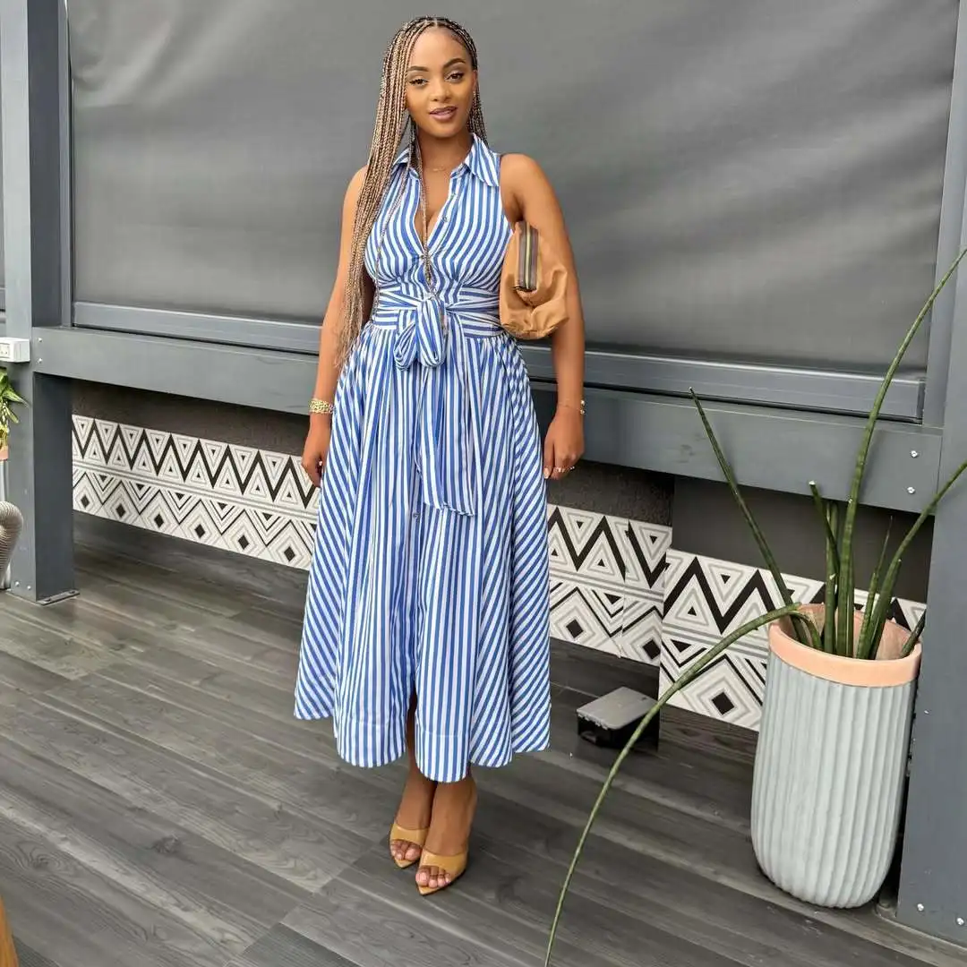 

2026European and American temperament elegant sleeveless lapel strap waist striped African dress long skirt