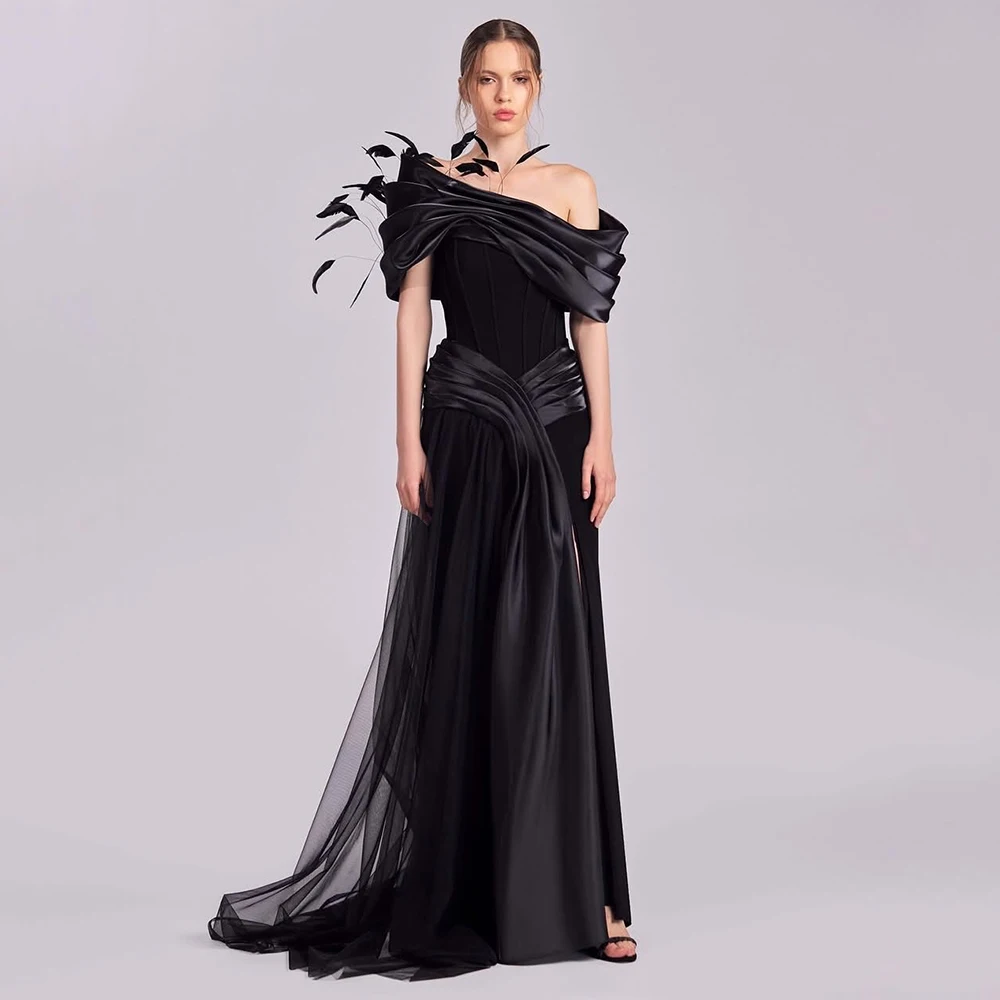 

Customized Simple One-Shoulder Tulle Evening Dress With Feather Sweep Train Party Dress Sleeveless Floor Length Prom Gown