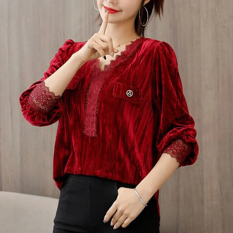 2023 Casual Solid Color Elegant V-Neck Lace Patchwork Shirt Spring Autumn Three-dimensional Decoration Stylish Hollow Out Blouse