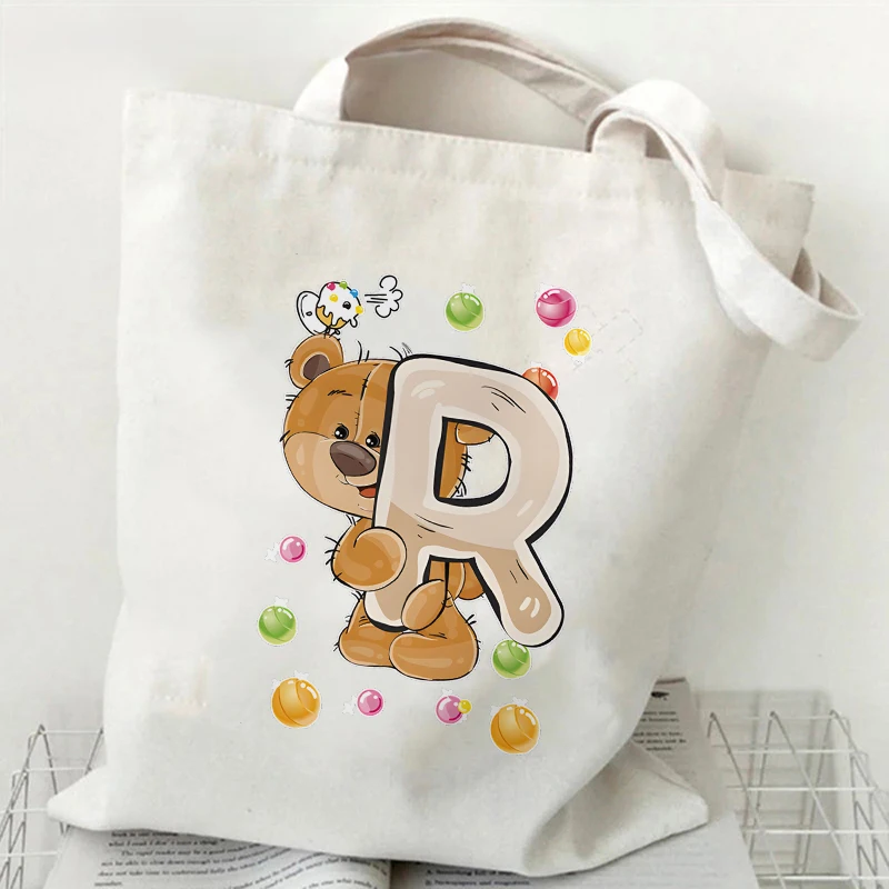مضحك لطيف الدب قماش حمل حقيبة للنساء حقيبة يد خمر Y2K جماليات حمل حقيبة موضة A-Z 26 الأبجدية حقيبة كتف الإناث
