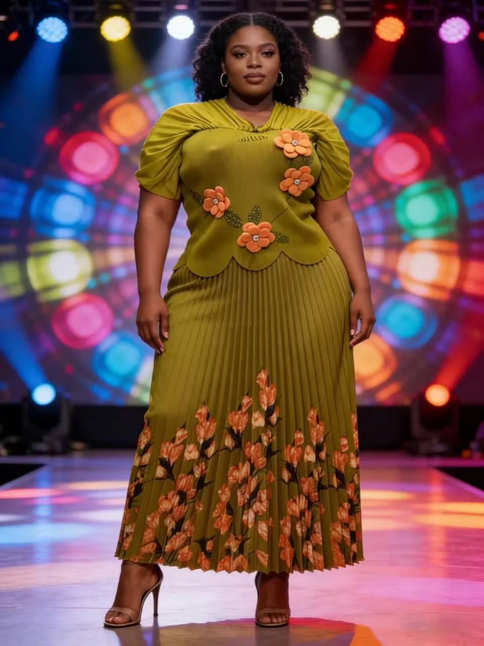 

Miyake Pleated Set 2025 Winter Design Three-dimensional Flower Waist Bat Sleeve Printed Dress Two-piece Set