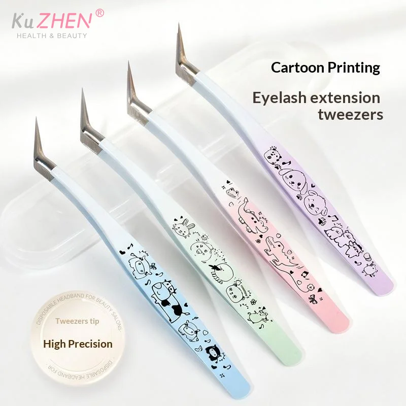 Pinça de cílios postiços com estampa de desenho animado, pinça de extensão de cílios 3d profissional curvada de aço inoxidável, ferramentas de maquiagem