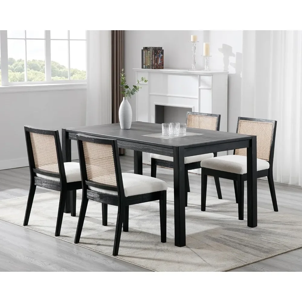 Dining Chairs Set of 4 with Black Hardwood Frame  Mid Century Modern Sherpa Upholstered Black Cane Dining Chair