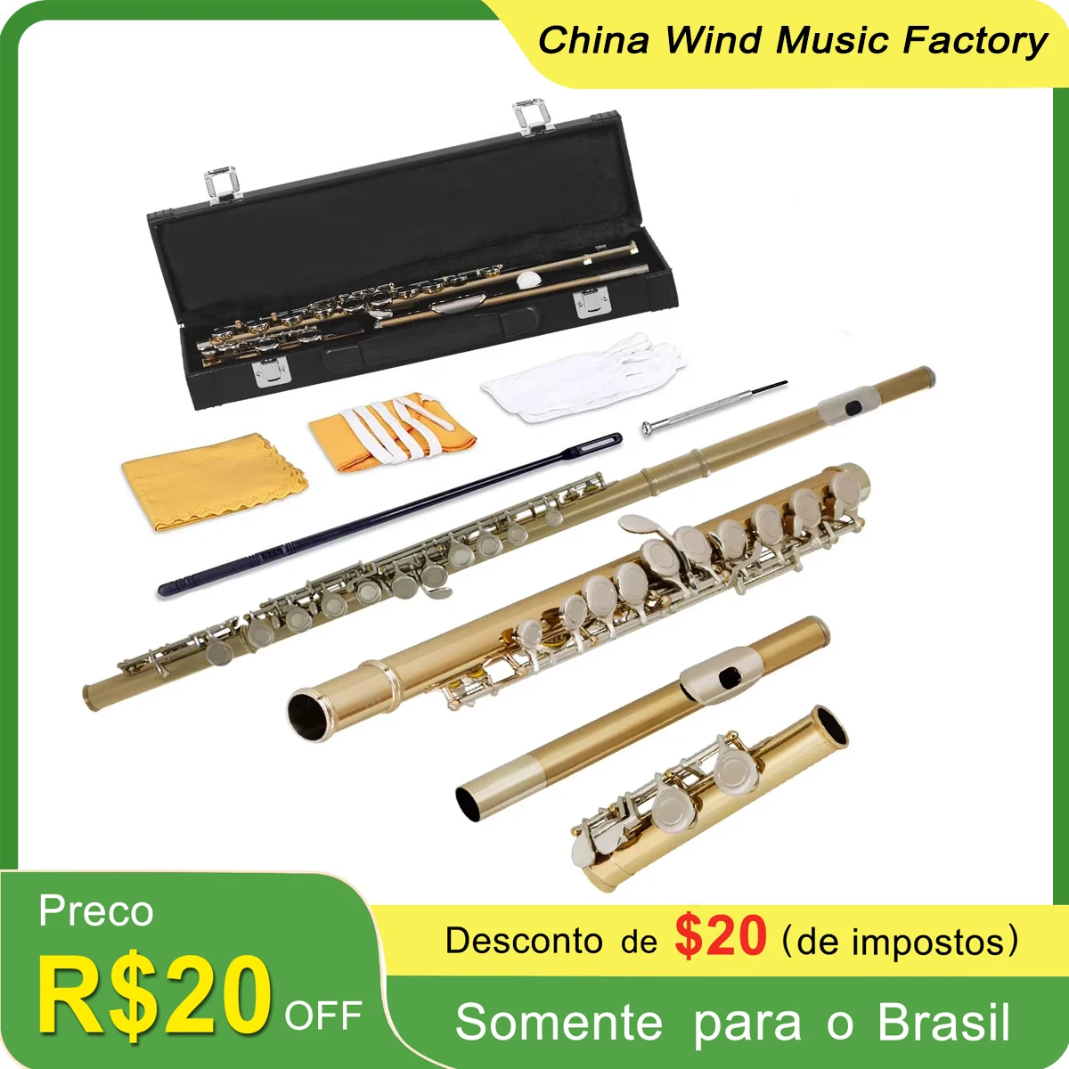 SLADE Gold Silver Flute Closed Hole C Slot - Instrumental Beginner Student Flute  with Case Gloves Cleaning Cloth Screwdriver