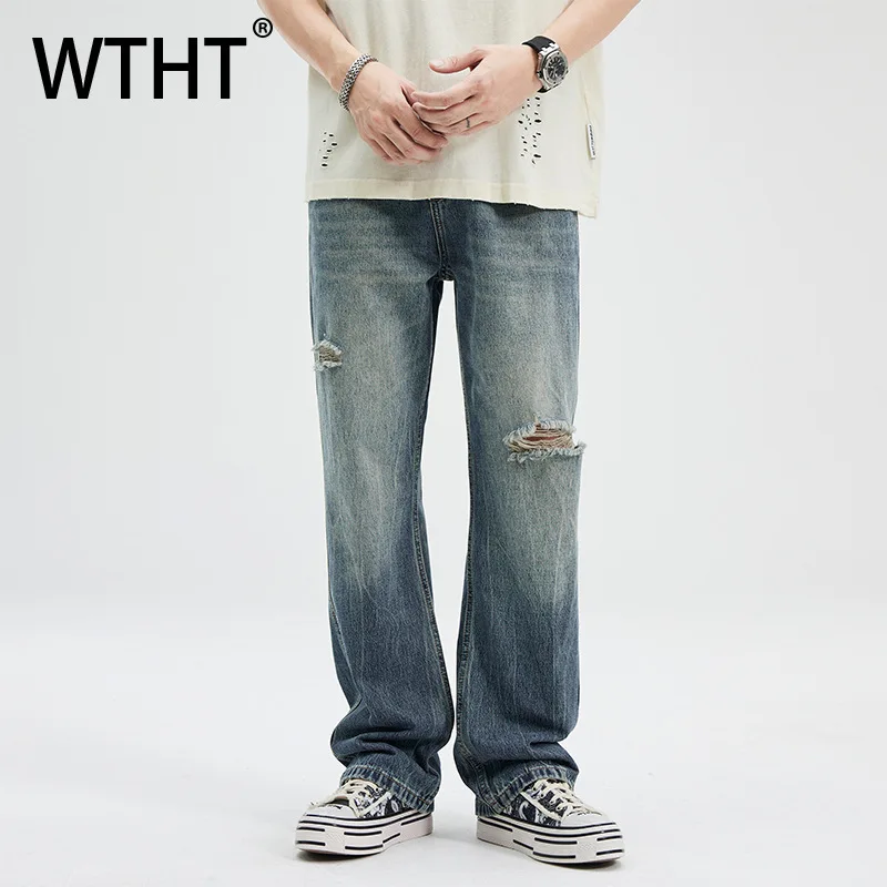 

WTHT винтажные мужские джинсовые брюки с дырками Edge Do Old Design, модные осенние свободные повседневные джинсы с высокой талией 2025 года, мужские 2A1824