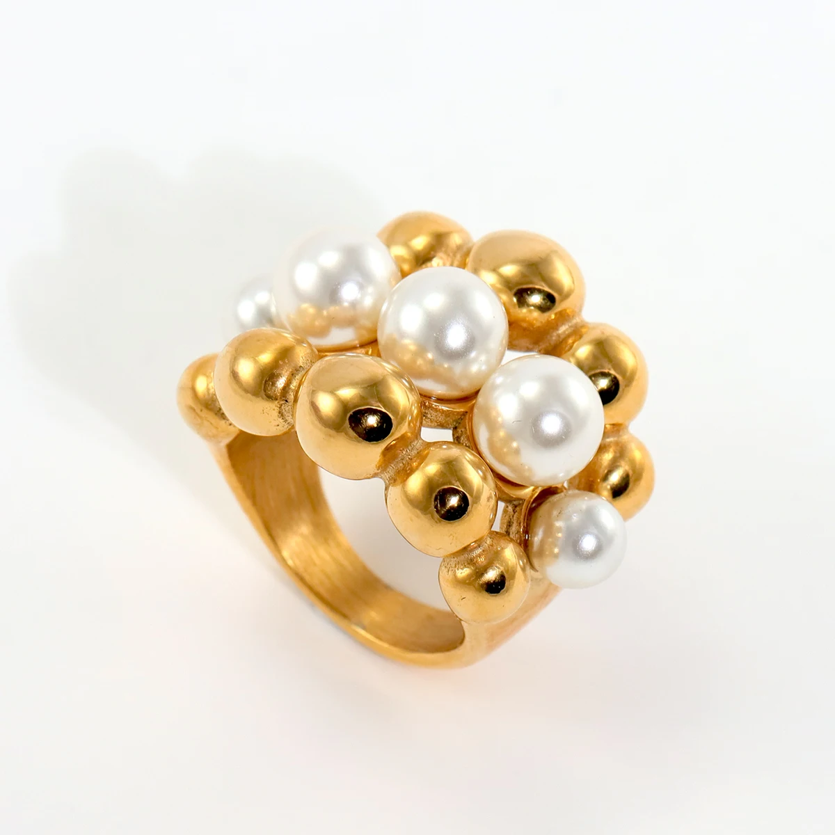 New Stainless Steel Chunky Gold Plated Ball Faux Pearls Ring Women Statement Big Large Rings Hyperbole Jewelry Waterproof