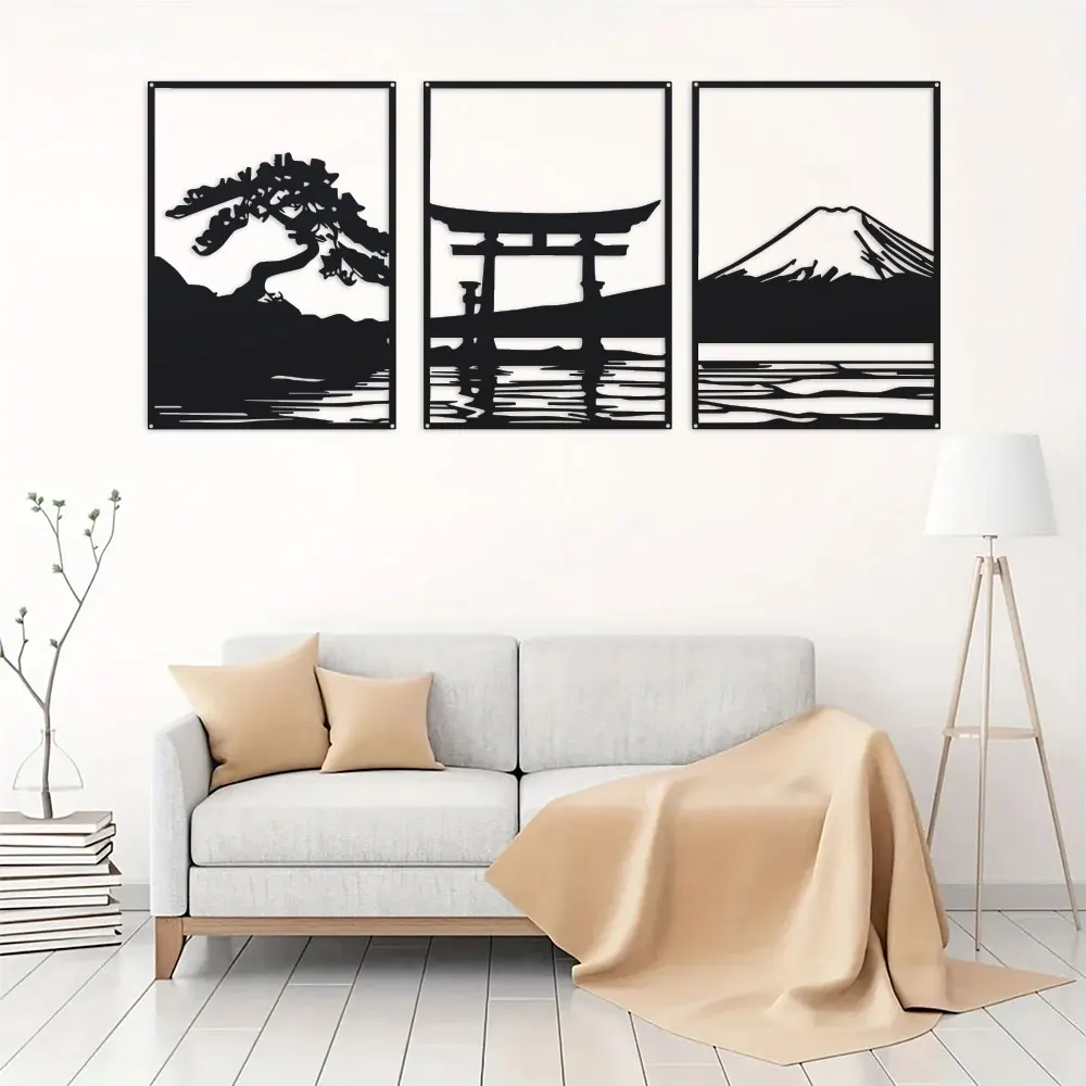 2D Flat torii gate and majestic Mt Fuji in elegant, minimalist black-and-white silhouettes a 3-piece set featuring serene bonsai