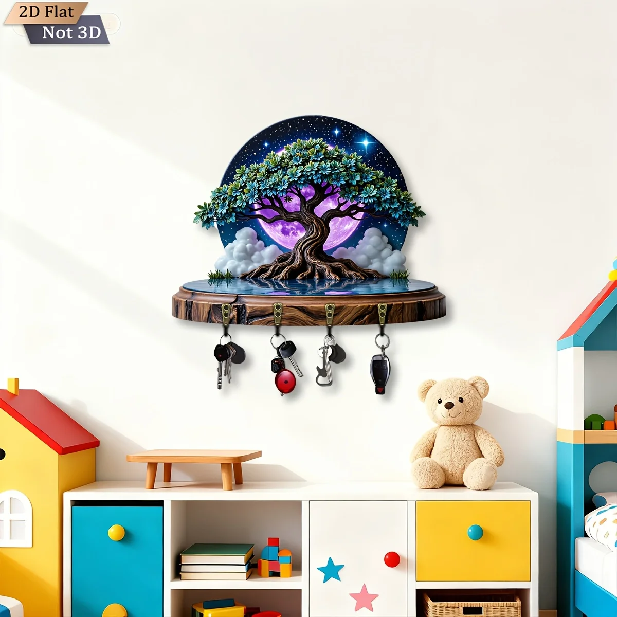 2D Flat, 1pc, Moonlit Tree Scene Theme Style Wooden Multi-functional Home Key Rack, with four metal hooks, wall decoration,