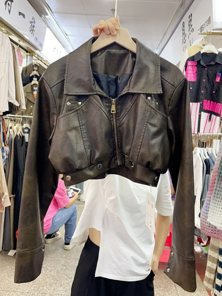 

Винтажная модная уличная куртка из искусственной кожи с заклепками, мото и байкерское пальто с высокой талией, женское пальто, весна-осень 202, новые шорты, топы Mujer