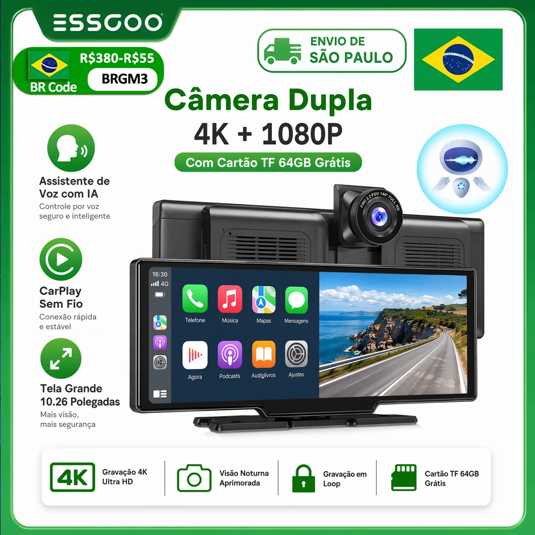 ESSGOO Câmera Veicular 4K DVR GPS CarPlay Android
